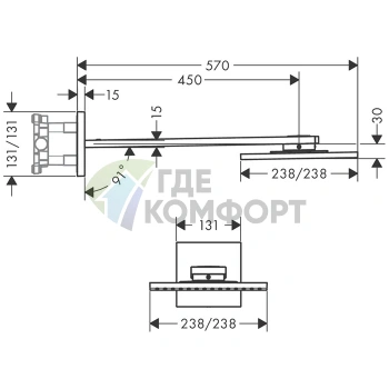 Верхний душ AX ShowerSolution 250x250 мм, 2 форсунки, с держателем 450 мм, хром (35310000) - фото 2