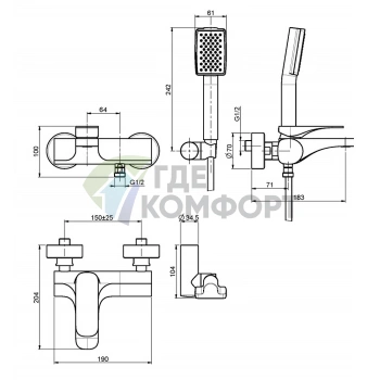 Смеситель для ванны FIMA Carlo Frattini Quad с душевым комплектом, накладной монтаж, хром (F3724CR) - фото 2
