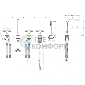 Смеситель для ванны FANTINI SAILING на 5 отверстий с изливом и ручным душем, цвет Deep Black PVD (67 S1 J065) - фото 2