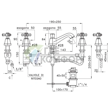 Смеситель для раковины Stella Eccelsa 3224PTC на 3 отверстия с донным клапаном, хром (EC 00014 CR00) - фото 2