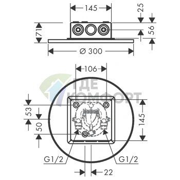 Верхний душ AX ShowerSolution: потолочный монтаж, 300 мм, 2 форсунки, хром (35305000) - фото 2