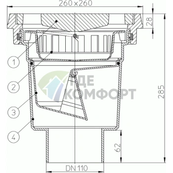 Трап HL606.1 с решеткой 226x226 мм-незамерзающим запахозапирающим устройством и вертикальным выпуском DN110 или DN160 - фото 3