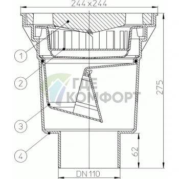 Трап HL606 с решеткой 226x226-незамерзающим запахозапирающим устройством и вертикальным выпуском DN110 или DN60 - фото 3