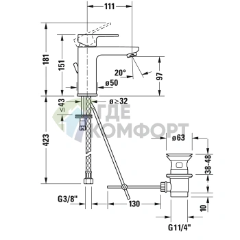 Смеситель для раковины Duravit B.3 с донным клапаном, хром (B31010001010) - фото 2