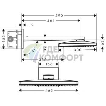 Верхний душ AX 460x300 мм с 3 режимами струи и настенным держателем (полированный черный хром) (35282330) - фото 2
