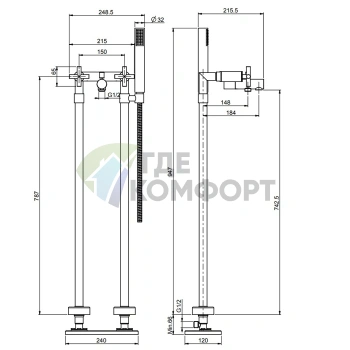 Напольный смеситель для ванны FIMA Carlo Frattini Maxima с душевым комплектом, хром (F5304/4CR) - фото 2