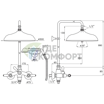 Stella Italica Leve 3284/33-300: Душевой комплект с верхним и ручным душем, хром (IL 02513 CR00) - фото 2