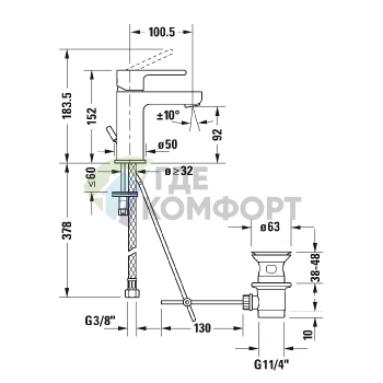 Смеситель для раковины Duravit B.2 с донным клапаном, хром (B21020001010) - фото 2