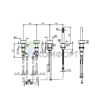 Смеситель для ванны Fantini Nice накладной с ручным душем, 2 входа, 4 отверстия, хром (65 02 S067S) - фото 2