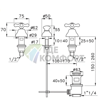 Смеситель для биде Stella Roma на 3 отверстия с донным клапаном, без излива, хром (RM 00200 CR00) - фото 2