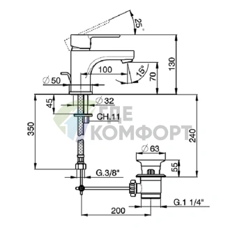 Однорычажный смеситель CISAL Tender для раковины с донным клапаном, хром (C200051021) - фото 2
