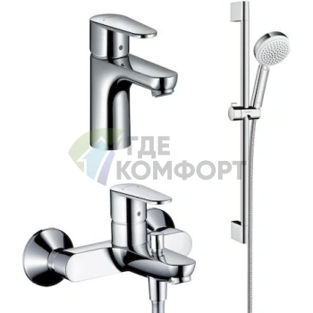 Комплект сантехники Hansgrohe Talis E2: смеситель для ванны с душем, смеситель для раковины и душевая стойка - фото 1