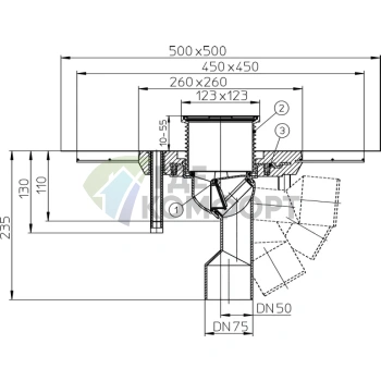 Трап HL80C с решеткой 115x115 мм-незамерзающим затвором-и выпуском в виде поворотного шарнира от 0° до 90° - фото 3