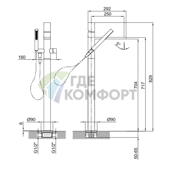 Напольный смеситель для ванны Fantini Milano с ручным душем (хром) (31 02 3080B) - фото 2