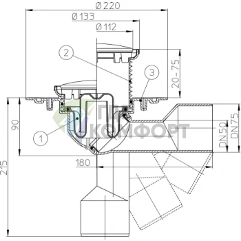 Трап HL80.1R с круглой решеткой решеткой 112x112 мм-и выпуском в виде поворотного шарнира от 0° до 90° - фото 3