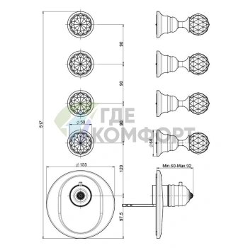 Смеситель для душа термостатический FIMA Carlo Frattini Fimatherm Elizabeth Chic встроенный, 4 вентиля, хром (F5113X4CCR) - фото 2