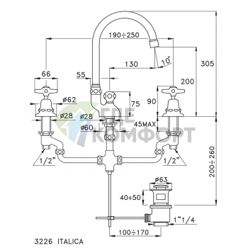 Смеситель для раковины Stella Italica 3226 на 3 отверстия с донным клапаном, хром (IT 00017 CR00) - фото 2
