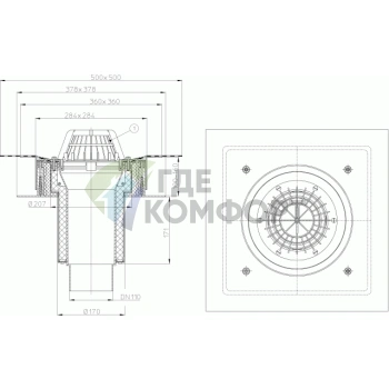 Кровельная воронка HL63H с листвоуловителем и теплоизоляцией - фото 3
