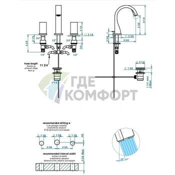 Смеситель для раковины THG PURE на 3 отверстия с донным клапаном, цвет Matt Gold (G04-F07-151) - фото 2