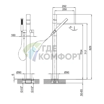 Напольный смеситель для ванны Fantini Milano с ручным душем, 250 мм, матовая натуральная сталь (31 93 3080B) - фото 2