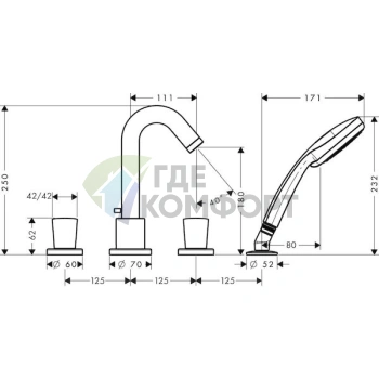 Смеситель Hansgrohe Logis 71314000 для установки на борт ванны - фото 2