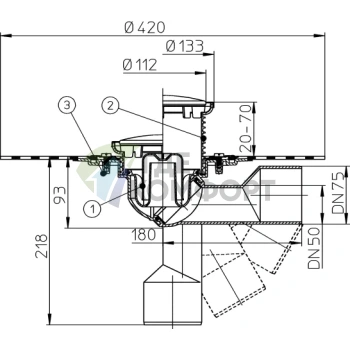 Трап HL80.1HR с круглой решеткой 112x112 мм-с гидроизоляционным полотном и выпуском в виде поворотного шарнира от 0° до 90° - фото 3