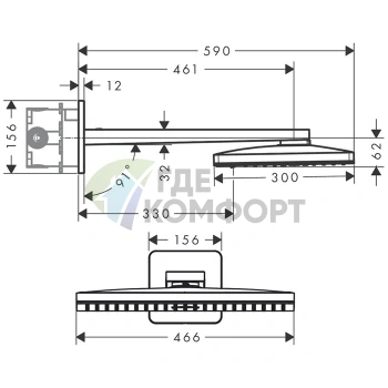 Верхний душ AX 460x300 мм с 3 режимами подачи воды и эргономичным настенным держателем, хром (35276000) - фото 2