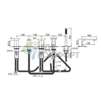 Смеситель Fantini Venezia In для ванны с ручным душем, 5 отверстий, излив 160 мм, цвет Nickel PVD (29 95 N565S) - фото 2