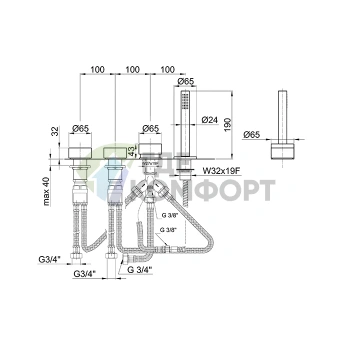 Смеситель Fantini AF/21 для борта ванны: 4 отверстия, без излива, матовая натуральная сталь (27 93 A267) - фото 2