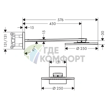 Верхний душ AX ShowerSolution 250 мм с держателем 450 мм, 2 форсунки, хром (35296000) - фото 2