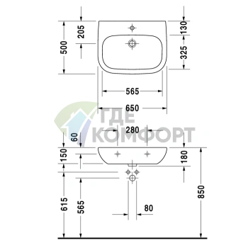 Медицинская раковина Duravit D-Code без перелива и отверстия 650x500 мм белого цвета (23116500702) - фото 2