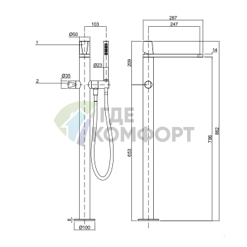 Напольный смеситель для ванны Antonio Lupi Indigo с ручным душем, графит (ND903GR Grafite) - фото 2
