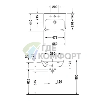 Медицинская раковина Duravit DuraStyle 550x440 мм без перелива и отверстия под смеситель (2324550070) - фото 2