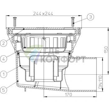 Трап HL605SW с решеткой 226x226 мм-с грязеуловителем и горизонтальным выпуском DN110 - фото 3