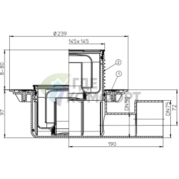 Трап HL5100 с решеткой 138x138 мм-и горизонтальным выходом DN50/75 - фото 3