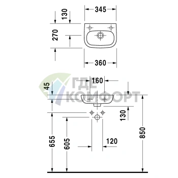 Раковина Duravit D-Code для рук без перелива, с отверстием под смеситель справа, 360x270 мм, белый (7053600082) - фото 2