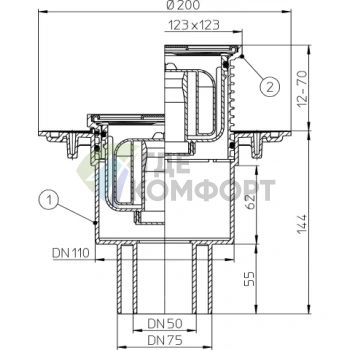 Трап HL310NPr с решеткой 115x115 мм и вертикальным выпуском DN110/75/50 - фото 3