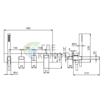 Смеситель для ванны Fantini Mint встраиваемый с ручным душем и изливом 200 мм, хром (34 02 F721B) - фото 2