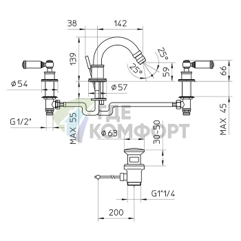Смеситель для биде Bossini Liberty на 3 отверстия с поворотным изливом, хром (Z001402.030) - фото 2
