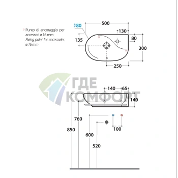 Раковина GLOBO Lavabi darr подвесная MISURA 50x30x14см c 1 отв-м под смесительитель с переливом и полотенцедержателем цвет белый - фото 2