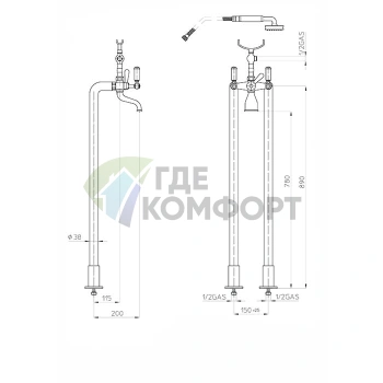 Напольный смеситель Bossini Liberty для ванны 890 мм с душем (цвет: Gom/хром) (L00130.030) - фото 2