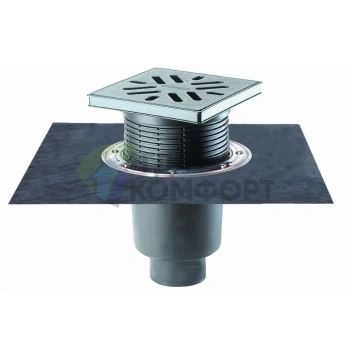 Трап HL616HW с решеткой 226x226 мм-с полимербитумным полотном-грязеуловителем и вертикальным выпуском DN110 - фото 1