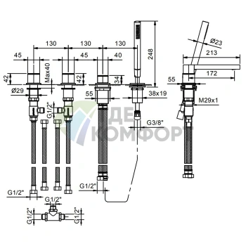 Смеситель Fantini Mint для борта ванны с ручным душем (2 входа, 4 отверстия) (34 93 F167) - фото 2