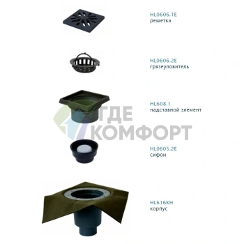 Трап HL616.1HW с решеткой 226x226 мм-с гидроизоляционным полотном-грязеуловителем и вертикальным выпуском DN110 - фото 2