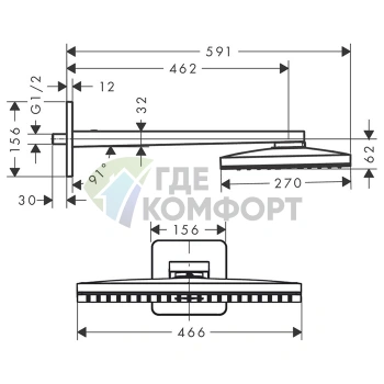 Верхний душ AX с держателем, 460х270 мм, хром (35274000) - фото 2