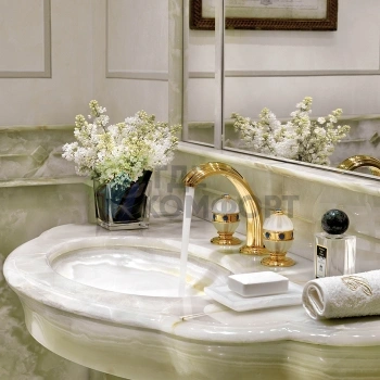 Смеситель для раковины на 3 отверстия с донным клапаном-переливом и вставками из лазурита в цвете полированное золото (A1K-F01-151) - фото 1