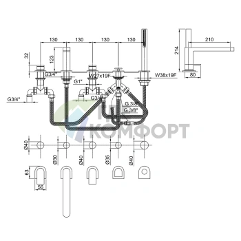 Смеситель для ванны Fantini Mare с ручным душем и 2 источниками воды (51 02 6365) - фото 2
