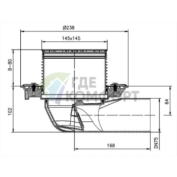 Трап HL5100T с решеткой 138x138 мм-c незамерзающим затвором и горизонтальным выпуском - фото 3