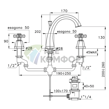 Смеситель для раковины на 3 отверстия Stella Eccelsa 3225 с донным клапаном в хроме (EC 00015 CR00) - фото 2