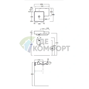 Раковина SIMAS Flow квадратная подвесная 57 5x50см с правой полкой dx c 1 намеч отверстием цвет белый